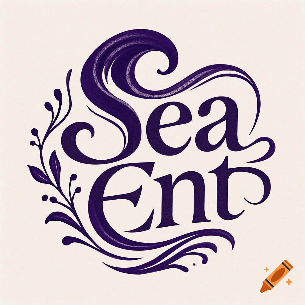 A purple elegant logo with the words "Sea Ent" framed by decorative swirls and foliage.