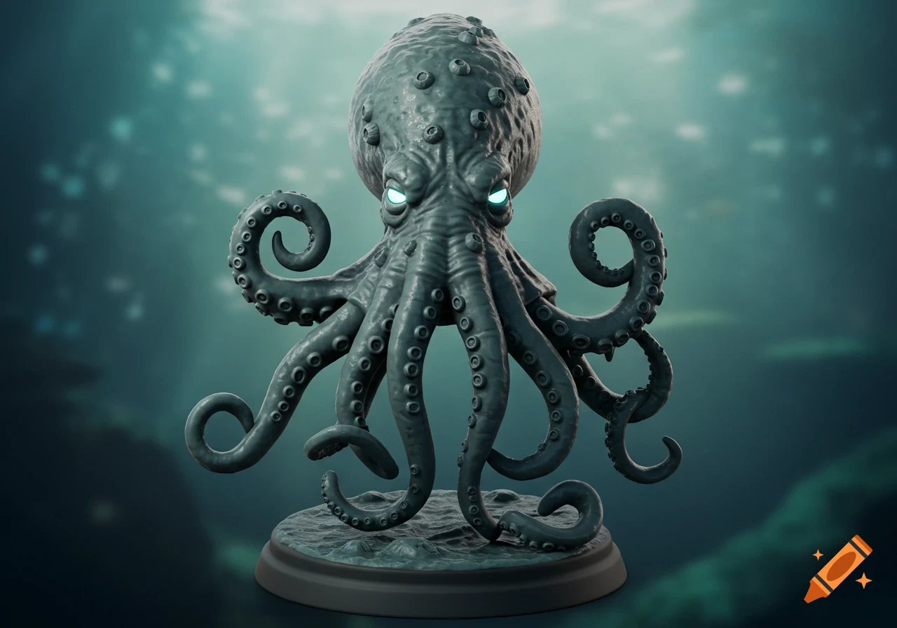 A detailed digital concept art of a grey tabletop miniature kraken with glowing eyes and coiled tentacles standing on a base in an underwater setting.