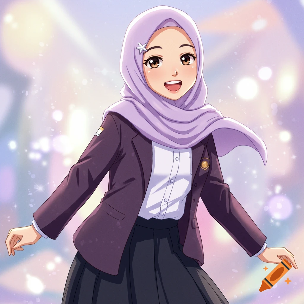 A happy anime girl with a lavender hijab, purple jacket, white shirt, and black skirt, posing against a blurry, sparkling background.