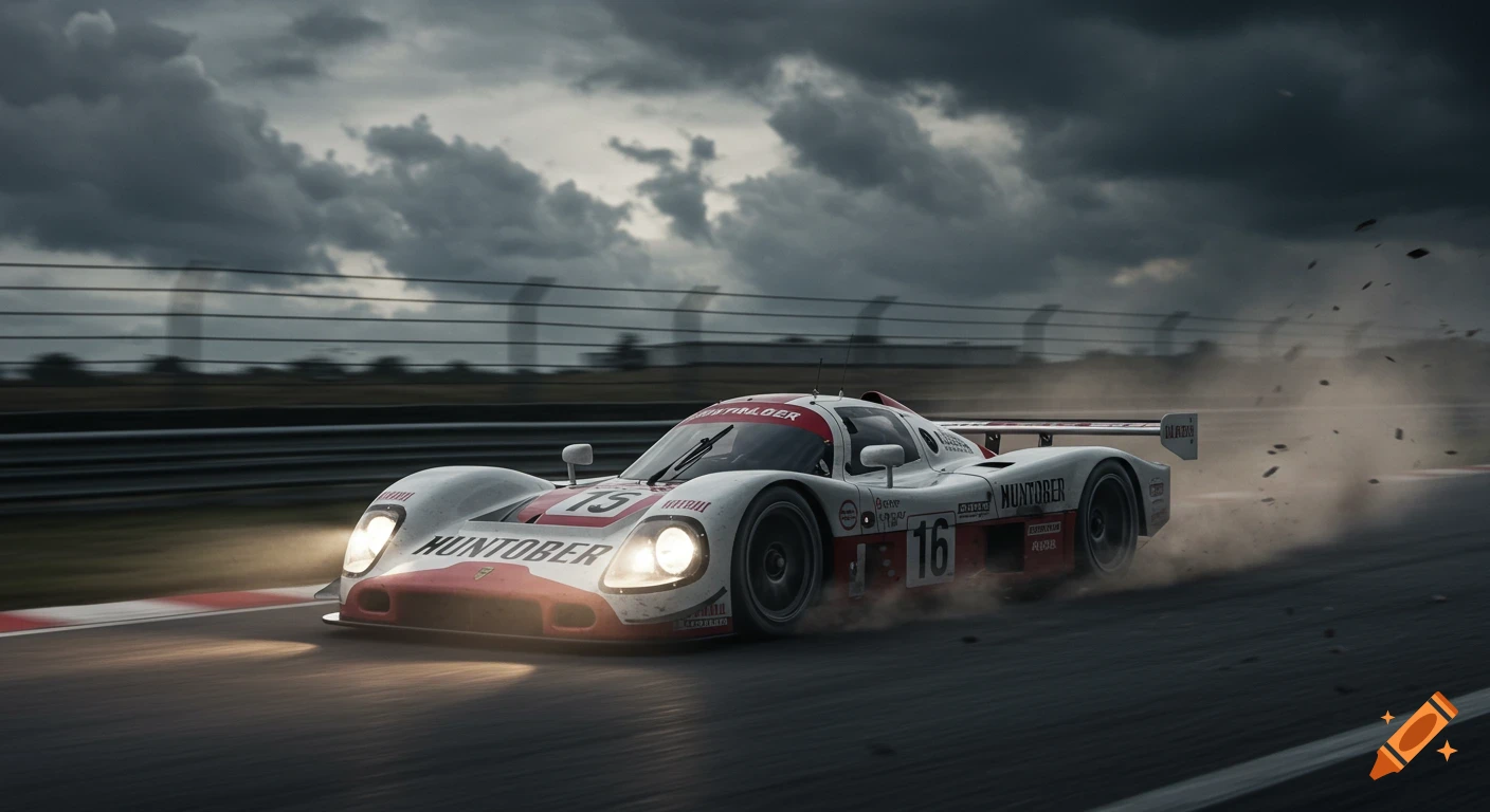 A white and red classic Le Mans prototype race car speeds on a track under a dramatic overcast sky, kicking up dust with motion blur.