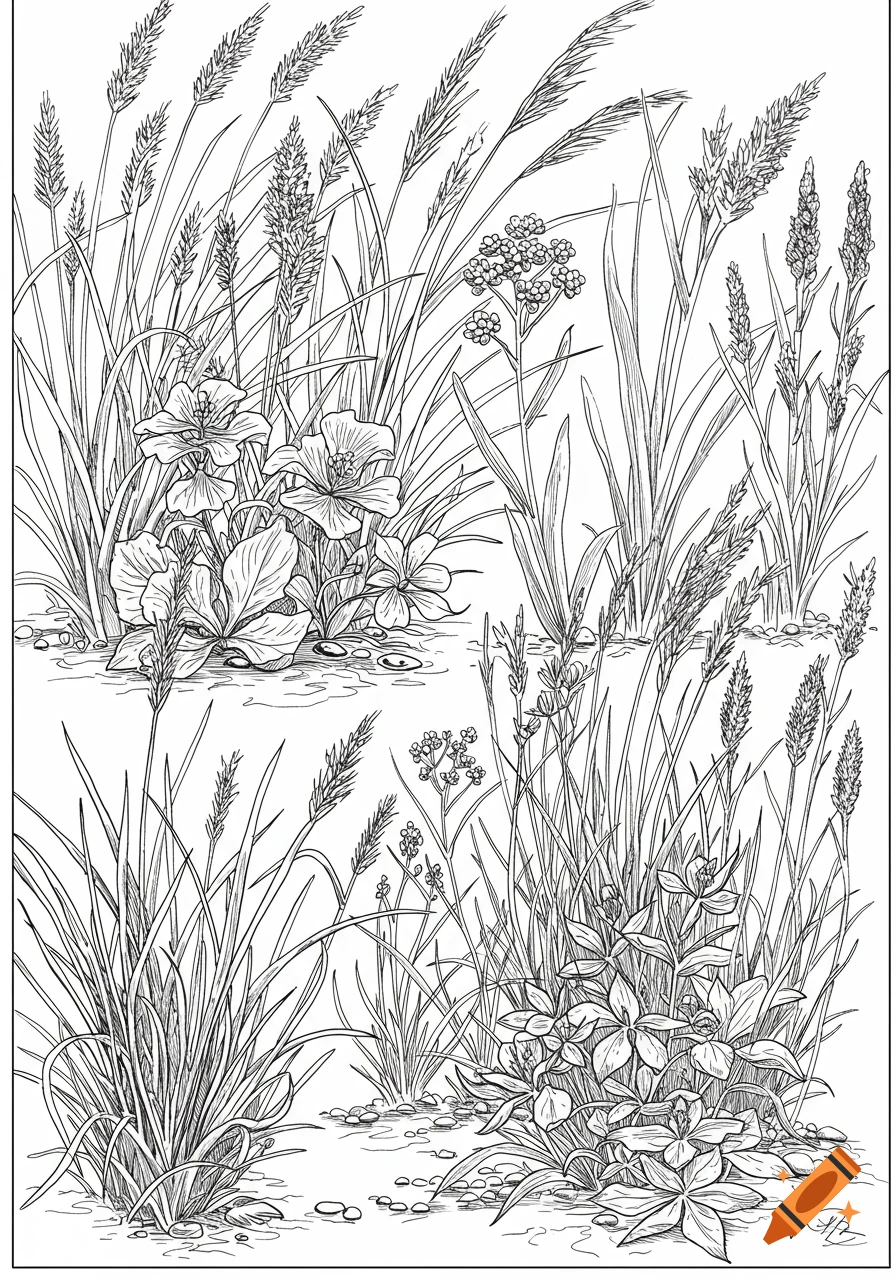 A detailed black and white line drawing of various grasses and flowering plants with pebbles and water ripples on the ground.
