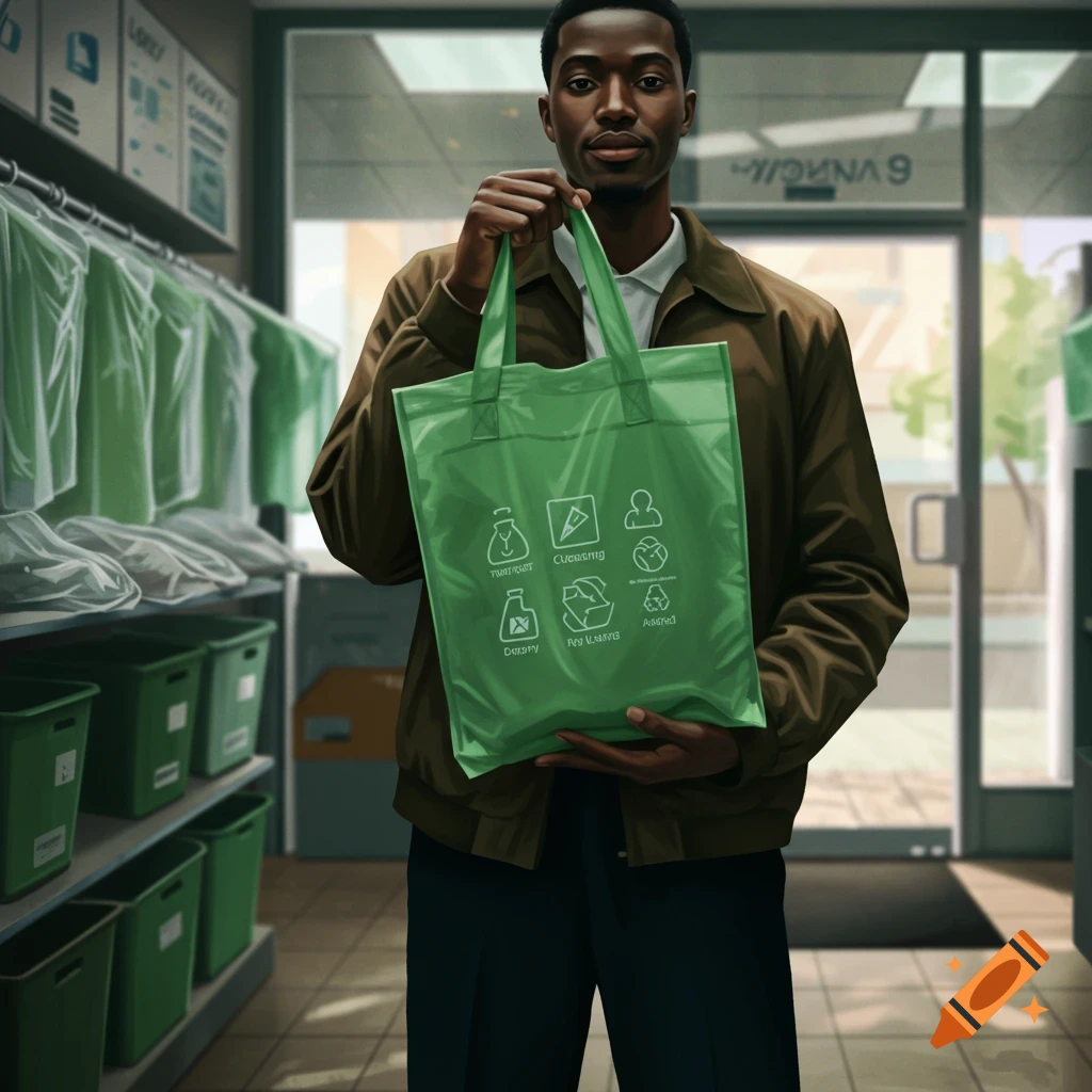 A man in a brown jacket holds up a green reusable bag with white icons and garbled text inside what appears to be a dry cleaning store.