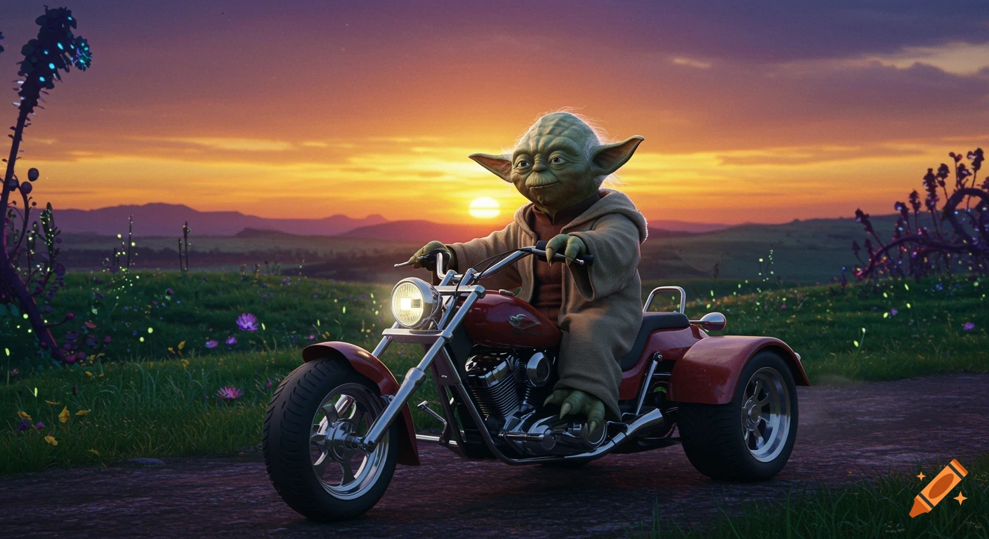 Yoda rides a red three-wheeled chopper through a vibrant fantasy landscape at sunset in digital art style.