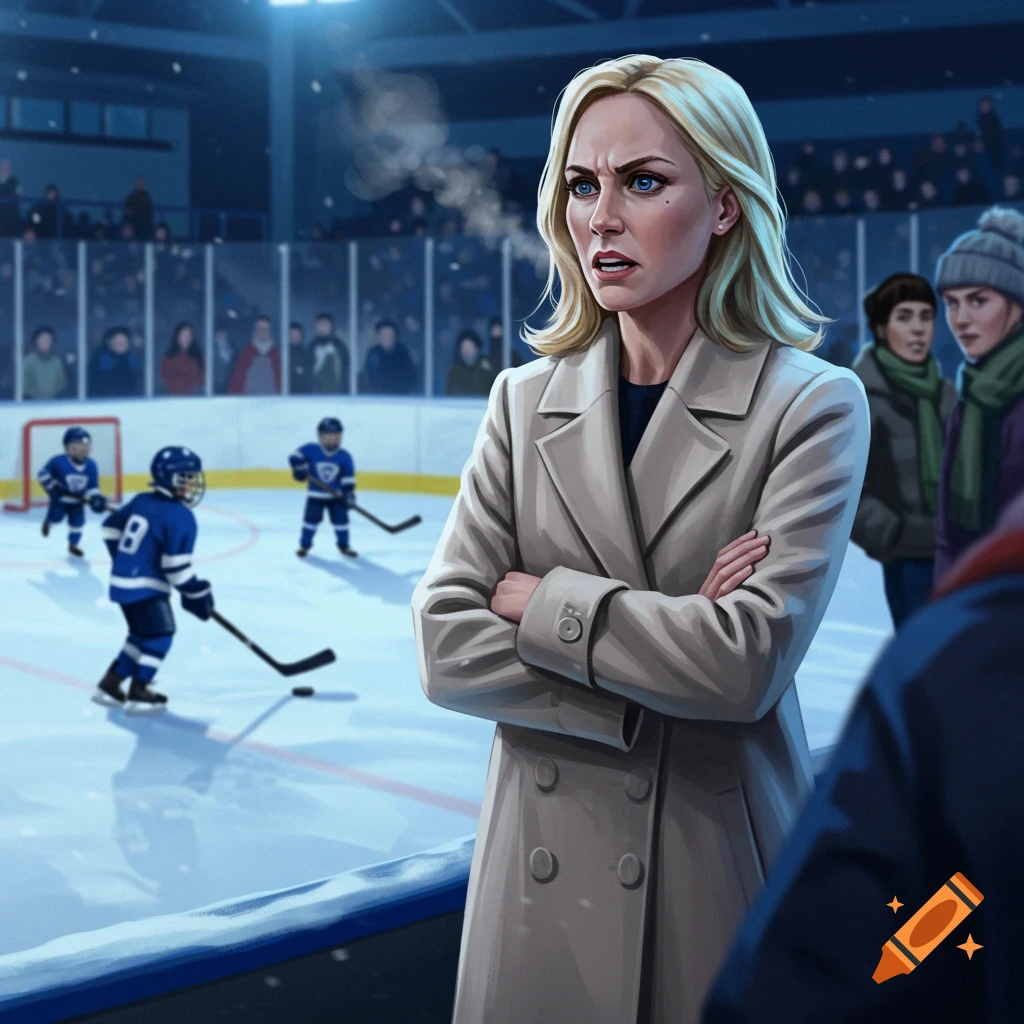 A blonde woman with a stern expression stands with crossed arms at a hockey rink where children in blue jerseys play. Illustration.