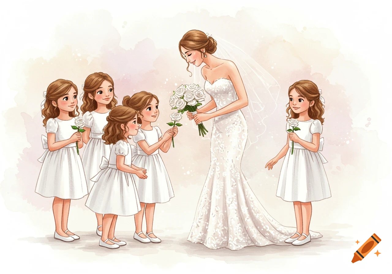 Whimsical watercolor illustration of a bride in a wedding gown interacting with five flower girls in white dresses.