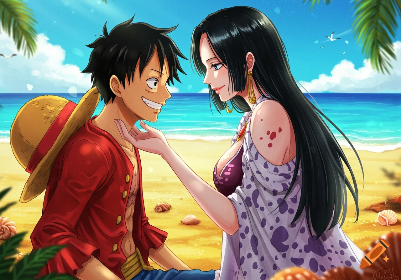 Anime characters Luffy and Hancock share an affectionate moment on a sunny beach, with Hancock gently touching Luffy's face.