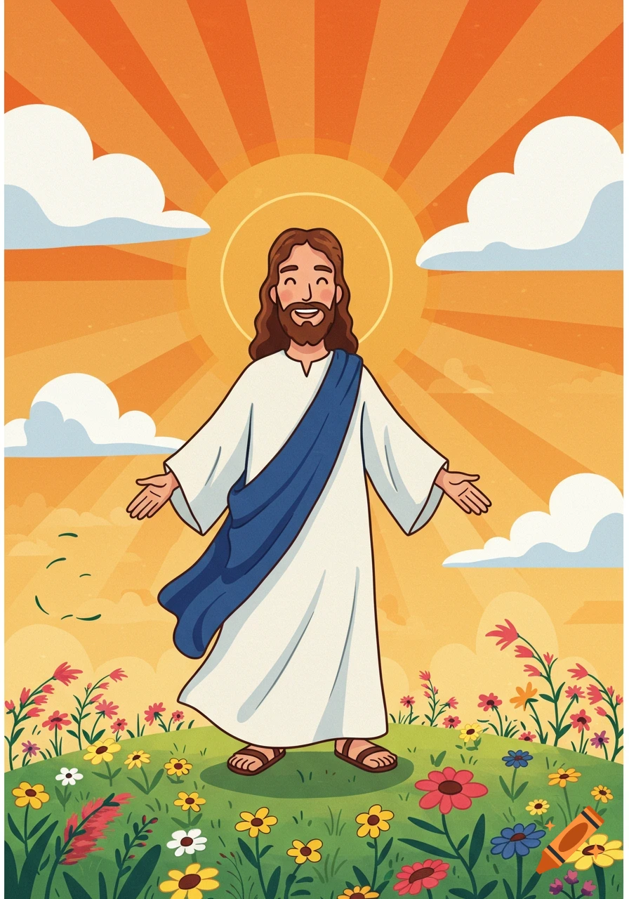 A smiling cartoon Jesus with open arms stands in a colorful flower field under a radiant sun.