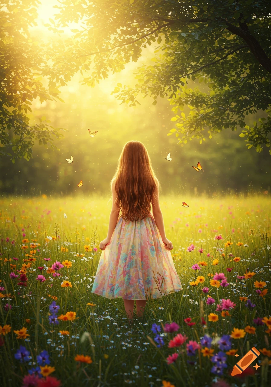 A girl with long hair stands in a vibrant wildflower field, bathed in golden sunlight under a tree canopy, with butterflies.
