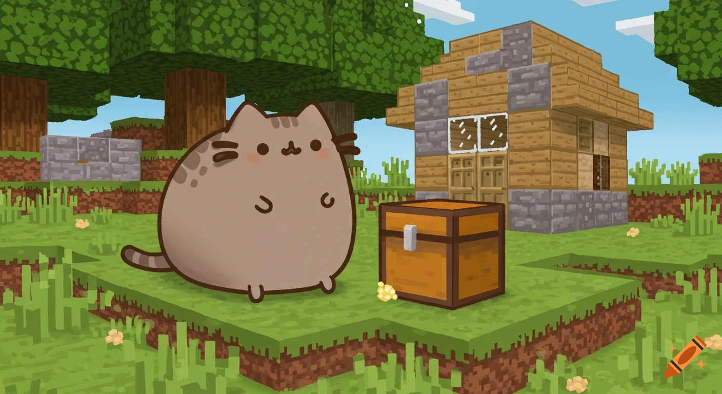 A cute illustration of Pusheen the cat sitting on a grassy block in a pixelated Minecraft world, next to a wooden chest, with a small house in the background.