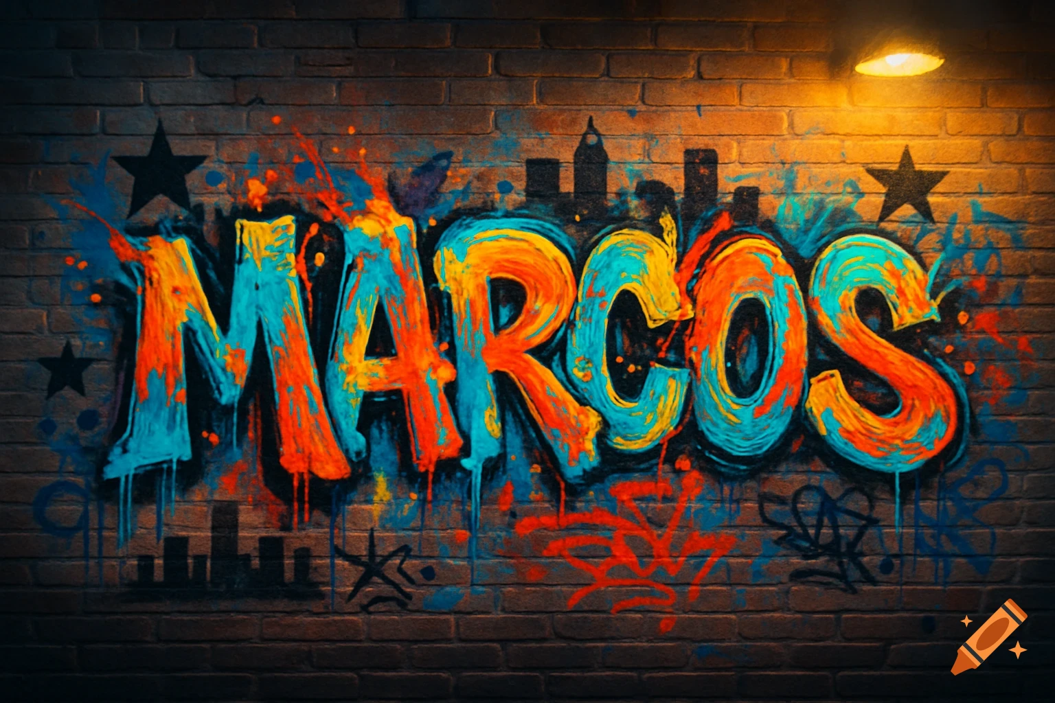 Colorful graffiti of the name 'MARCOS' on a brick wall, with paint splatters and a cityscape silhouette.