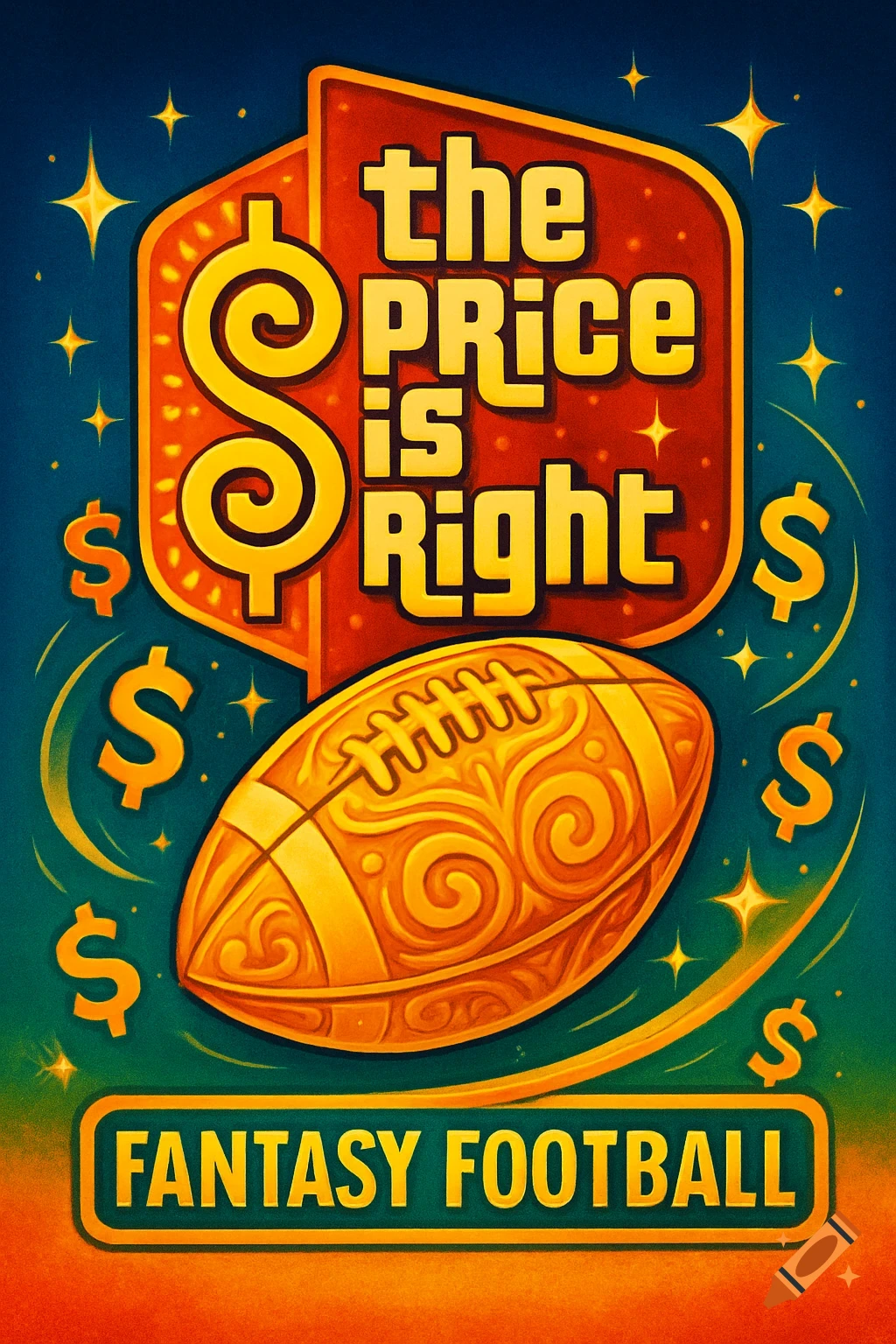 A colorful logo for a fantasy football league featuring a stylized football and the text 'The Price is Right' and 'Fantasy Football' on a starry blue and orange background.