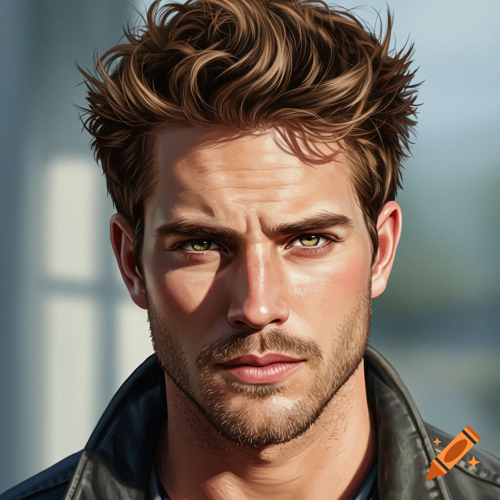 Close-up photorealistic portrait of a man with light brown messy hair, beard stubble, and green eyes, wearing a dark jacket.
