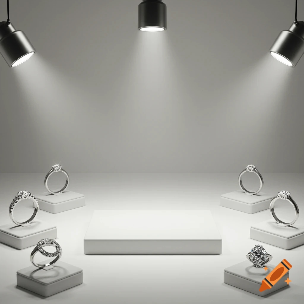 Diamond rings displayed on white stands under spotlights in a minimalist jewelry store setting with a central empty pedestal.