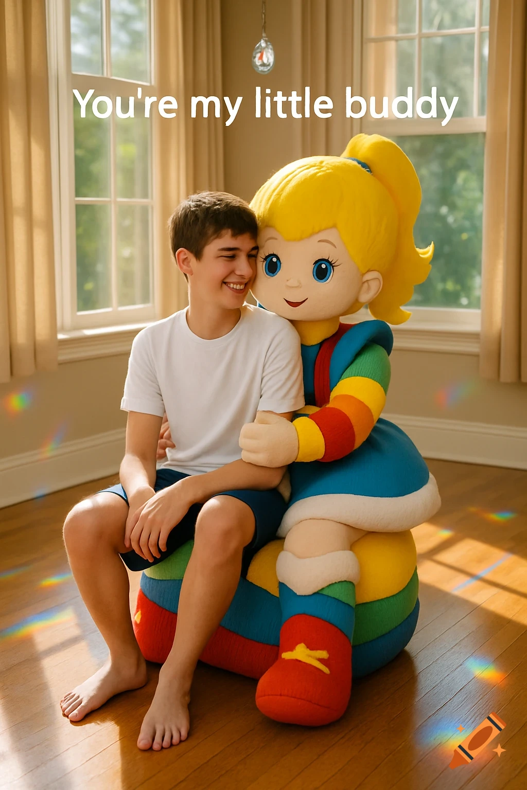 A smiling teenage boy sits on and hugs a Rainbow Brite mascot in a brightly lit room with sunlit wooden floors. Text reads: "You're my little buddy."