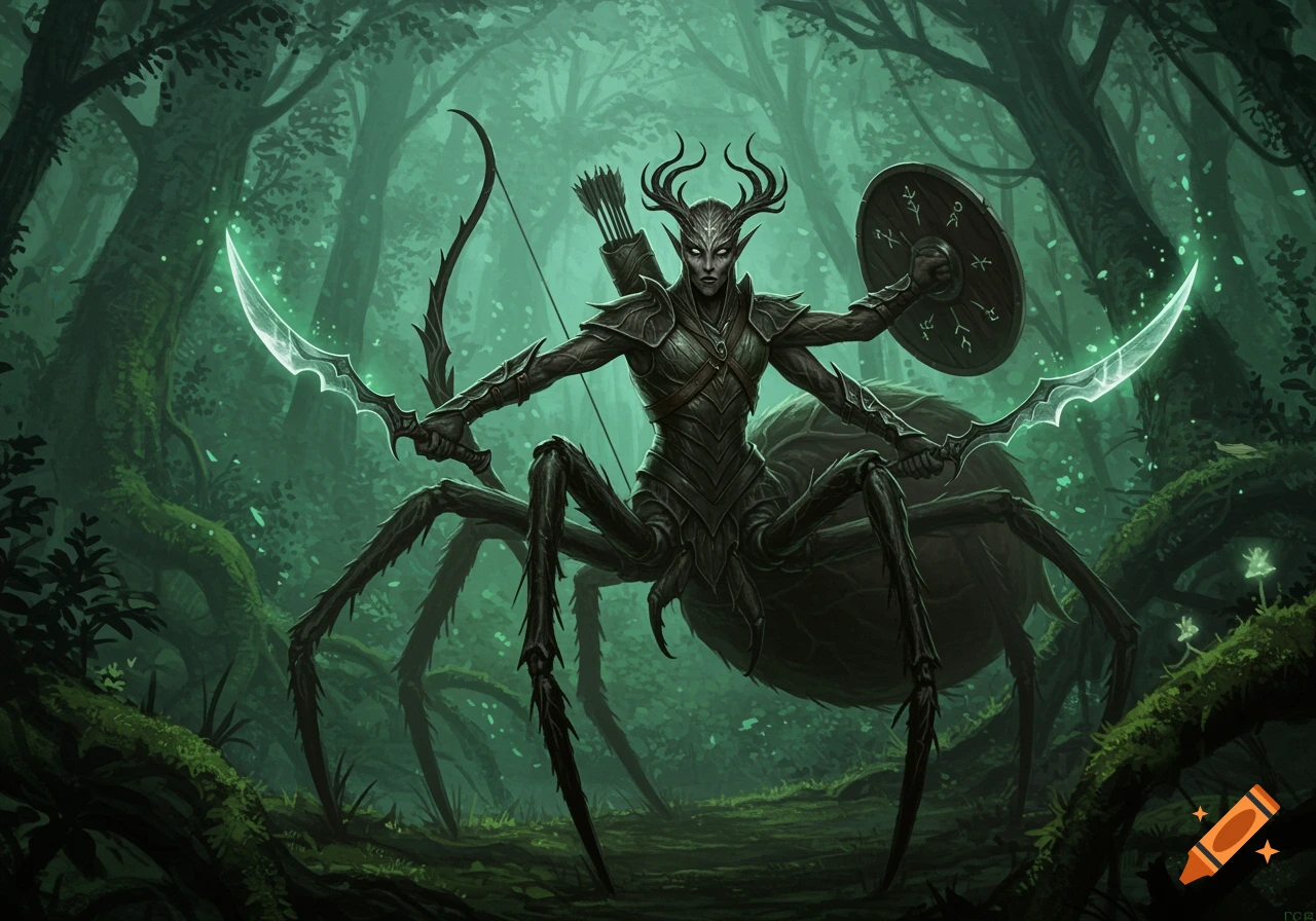 A dark fantasy digital painting of a spider-elf creature with antlers, armor, holding glowing blades and a shield in a mystical forest.