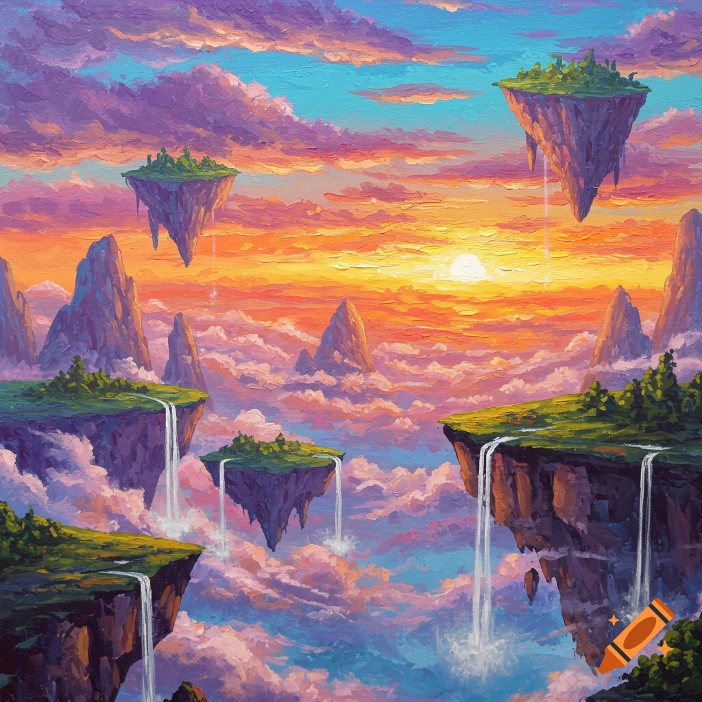 Vibrant painting of surreal floating islands with waterfalls under a colorful sunset sky in a palette knife style.