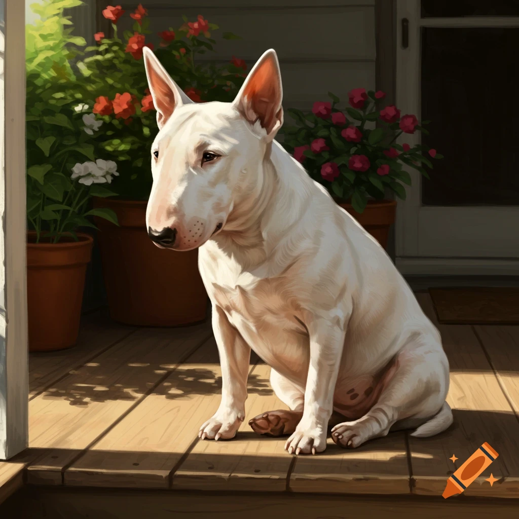 A white Bull Terrier dog sits on a sunlit wooden porch surrounded by potted flowering plants, in a digital painting style.