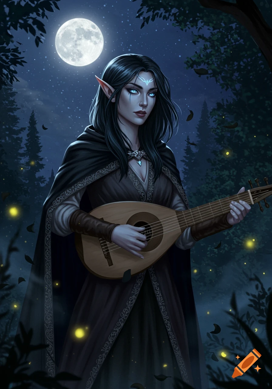 A dark-haired elf woman with glowing blue eyes and a dark cloak plays a lute under a full moon in a mystical forest.