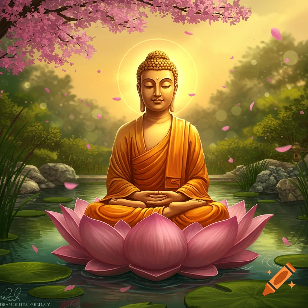 A serene Buddha meditates on a pink lotus flower in a pond, surrounded by lush green foliage and pink cherry blossoms under a golden sky.