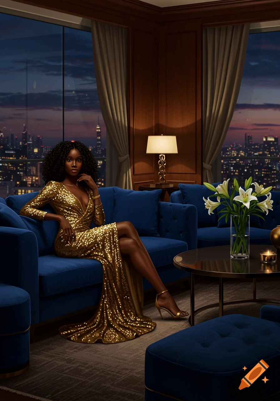 A Black woman in a shimmering gold dress sits on a blue velvet sofa in a luxurious apartment overlooking a city skyline at dusk.