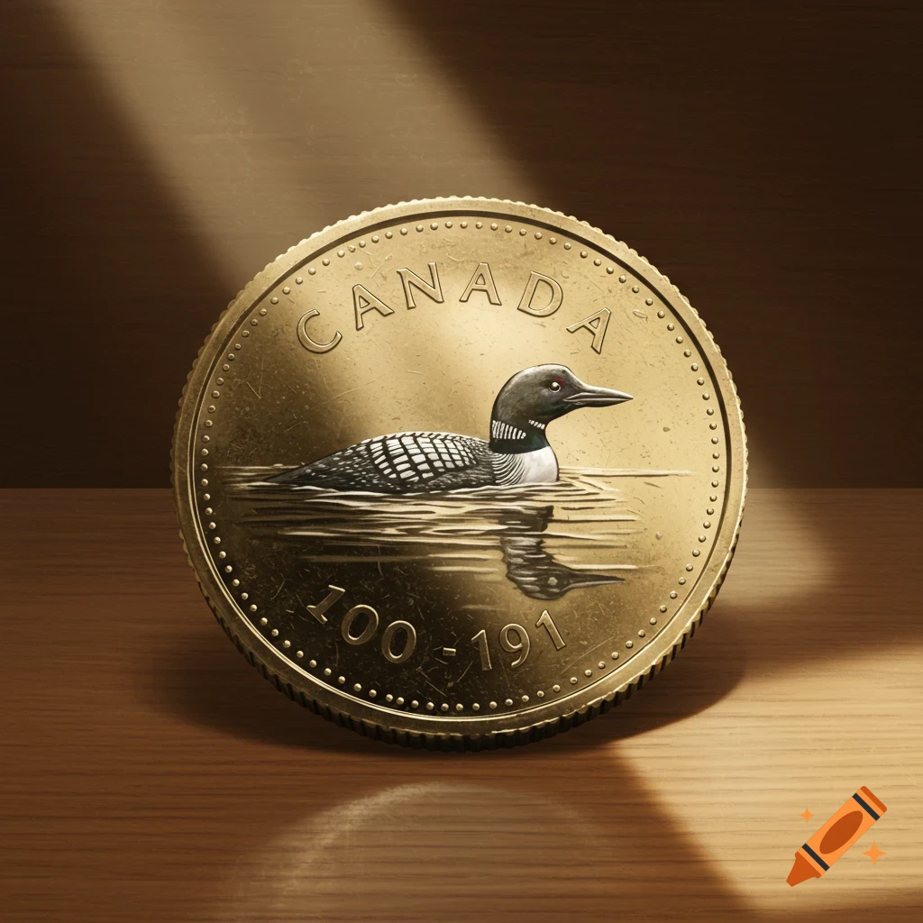 Close-up of a gold Canadian loonie coin with a black and white loon swimming in water, on a wooden surface.