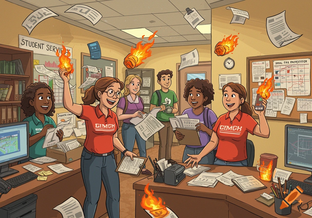 Cartoon illustration of a chaotic college student services office with staff and students, where papers and objects are comically on fire.