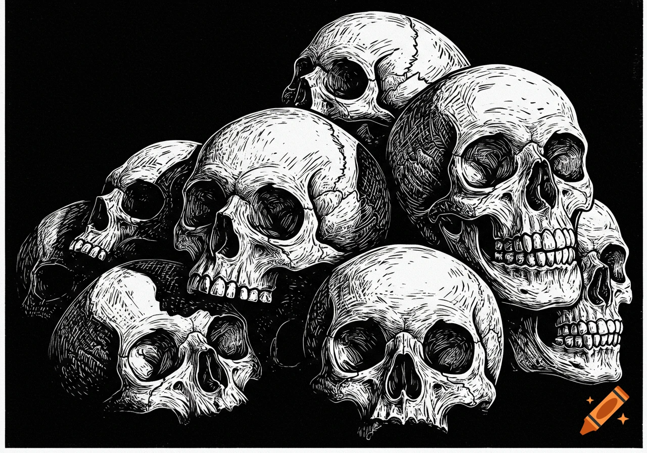 A monochrome linocut illustration depicting a pile of human skulls on a black background.