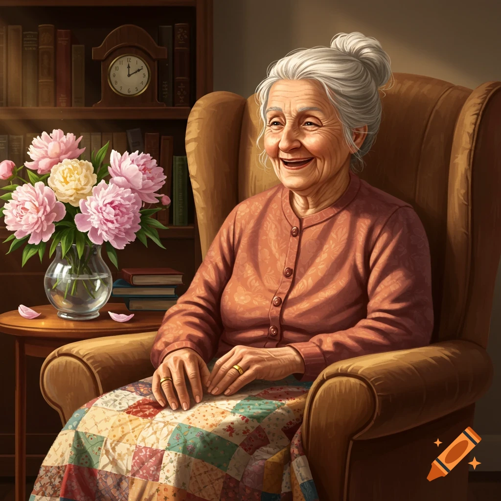 A happy elderly woman with white hair smiles while sitting in a brown armchair with a quilt and pink peonies.