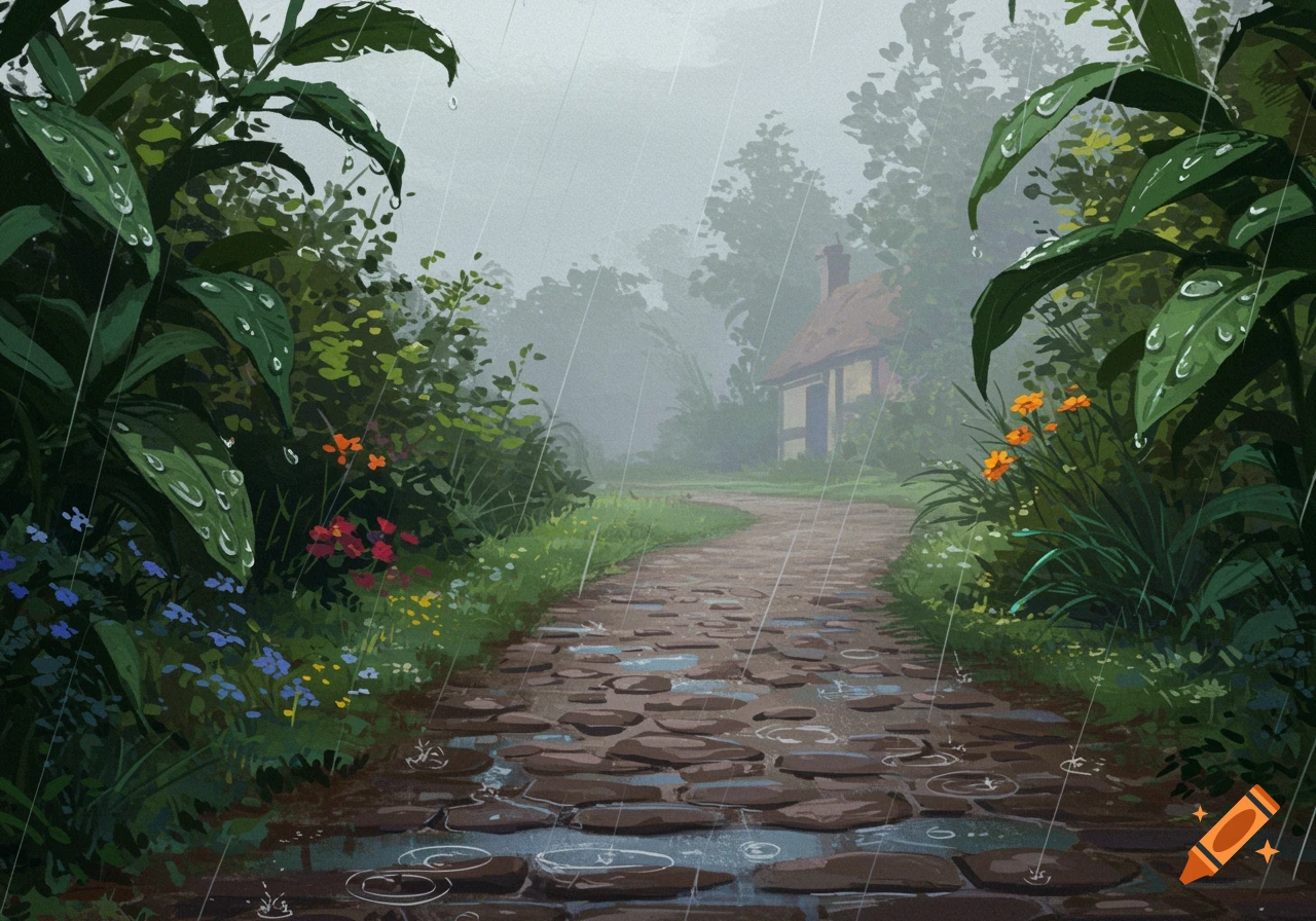 Illustrative painting of a stone path through a rainy garden with green foliage, colorful flowers, and a small house in the mist.
