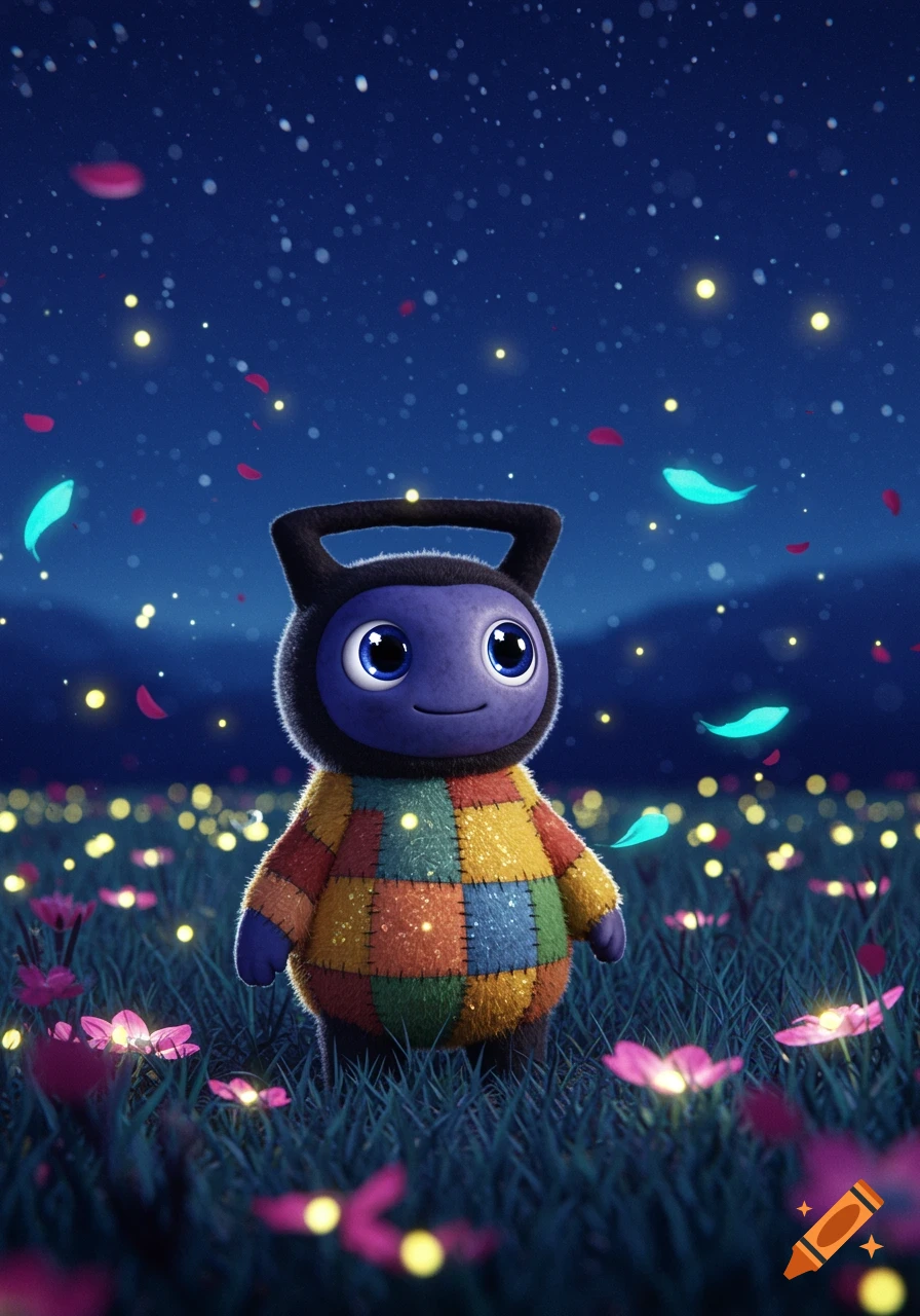 A cute, blue, kettlebell-shaped creature with a patchwork body stands in a field with glowing fireflies and pink flowers at night.