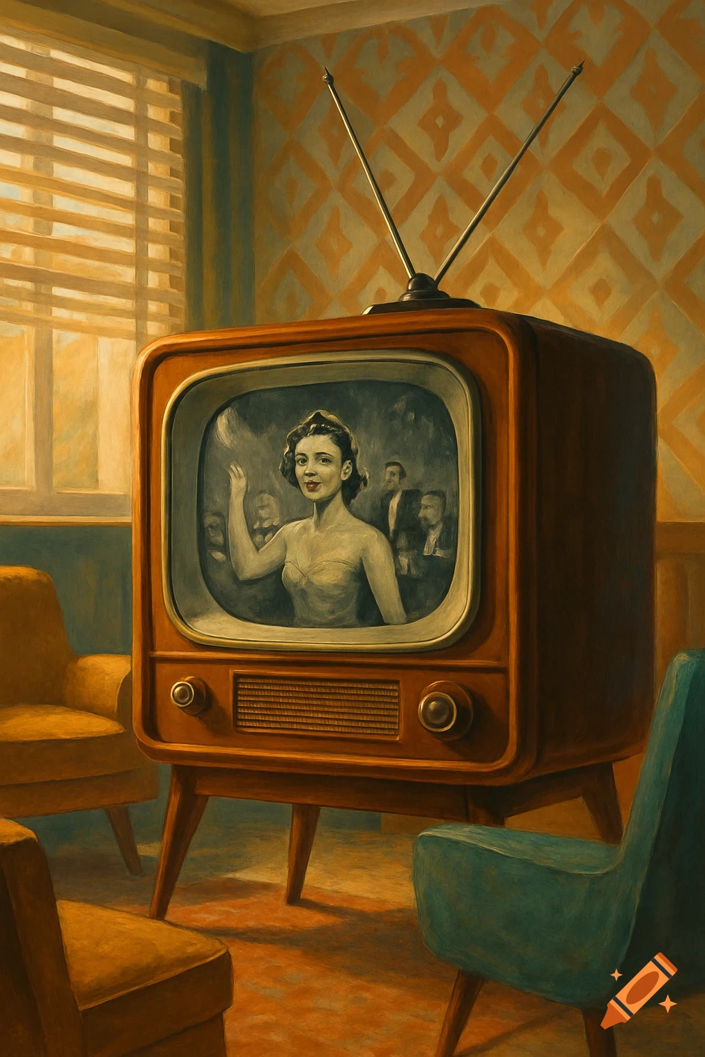 A painterly image of a vintage television set displaying a woman on its screen, set in a room with two armchairs and patterned wallpaper.