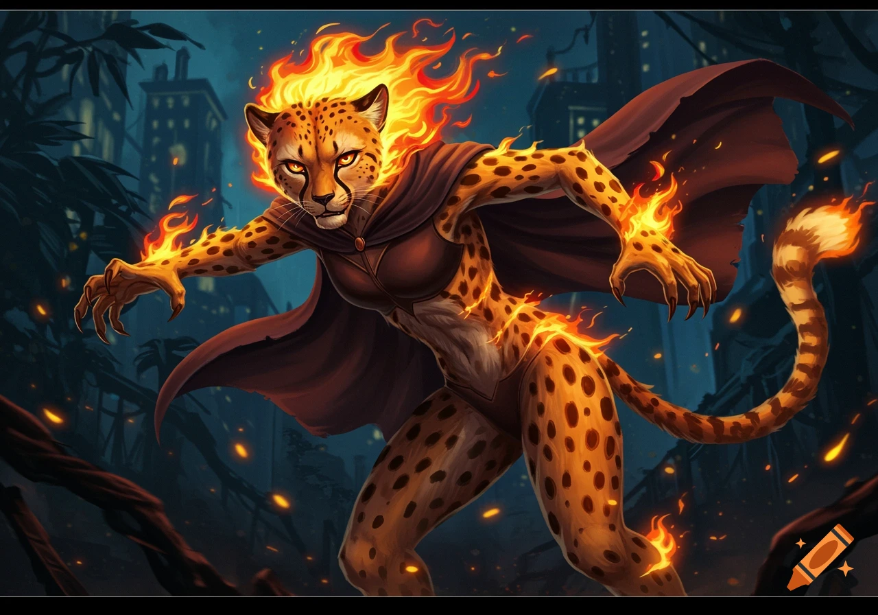 A fiery anthropomorphic cheetah villain in a cape, with flames on her head and limbs, standing in a dark, urban setting.