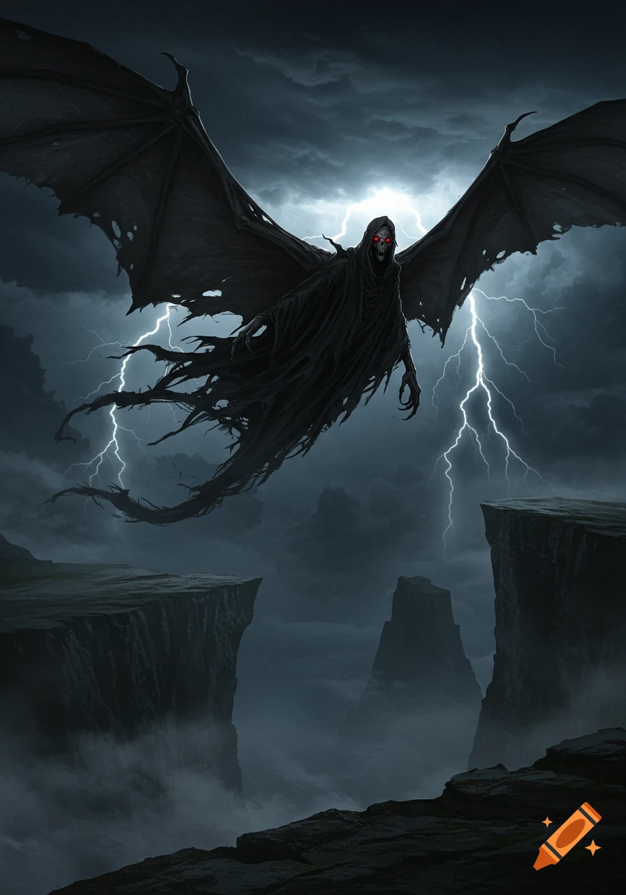 A dark, winged monster with red eyes and a tattered robe flies through a stormy sky with lightning over jagged cliffs.