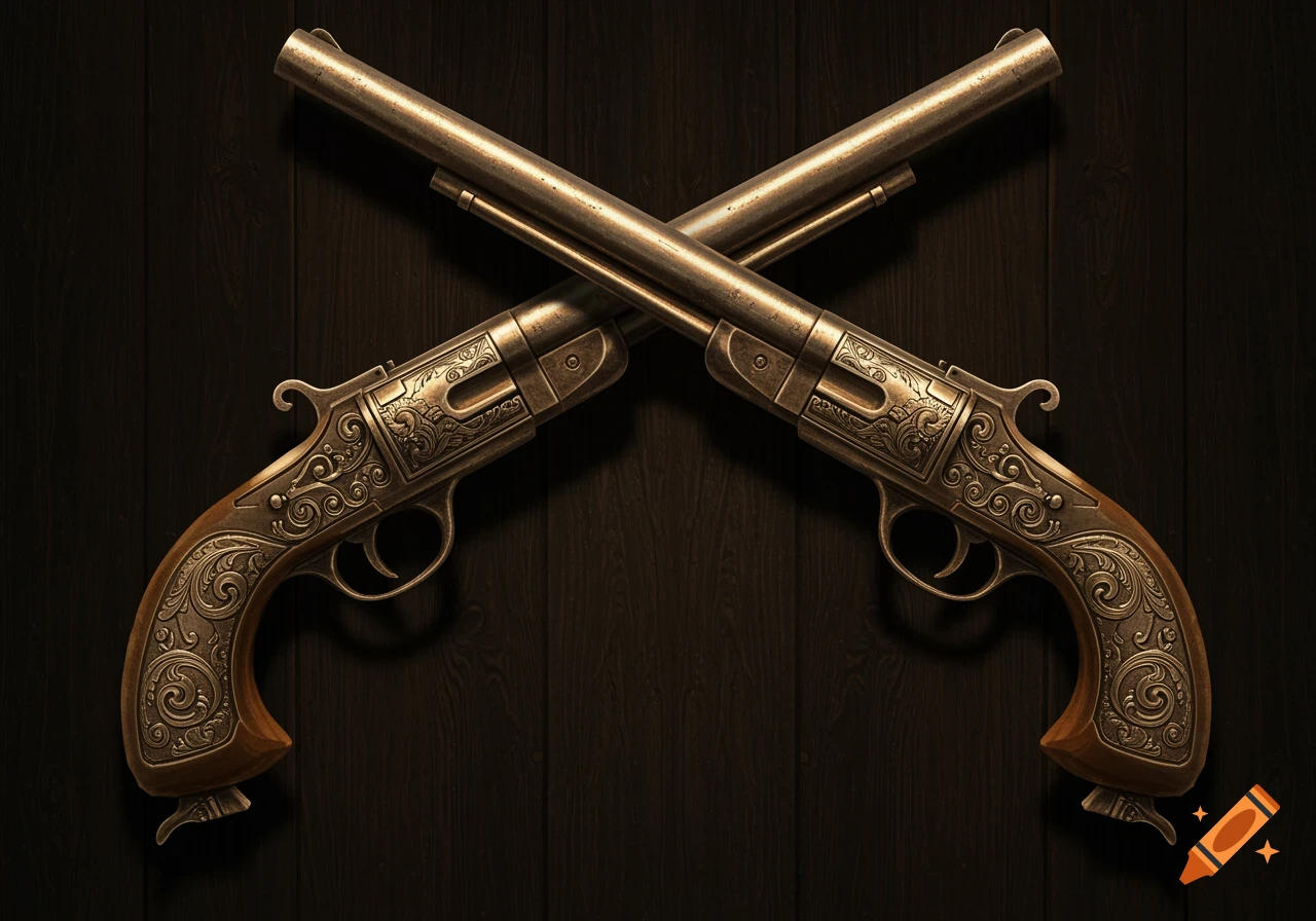 Two ornate, vintage pistols with detailed engravings crossed against a dark wooden background.