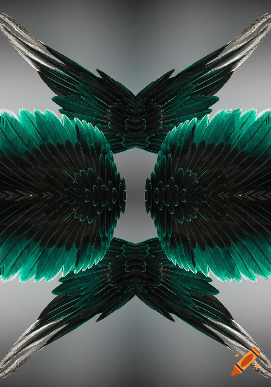 Symmetrical pattern of black and teal feathers resembling wings on a gray background.