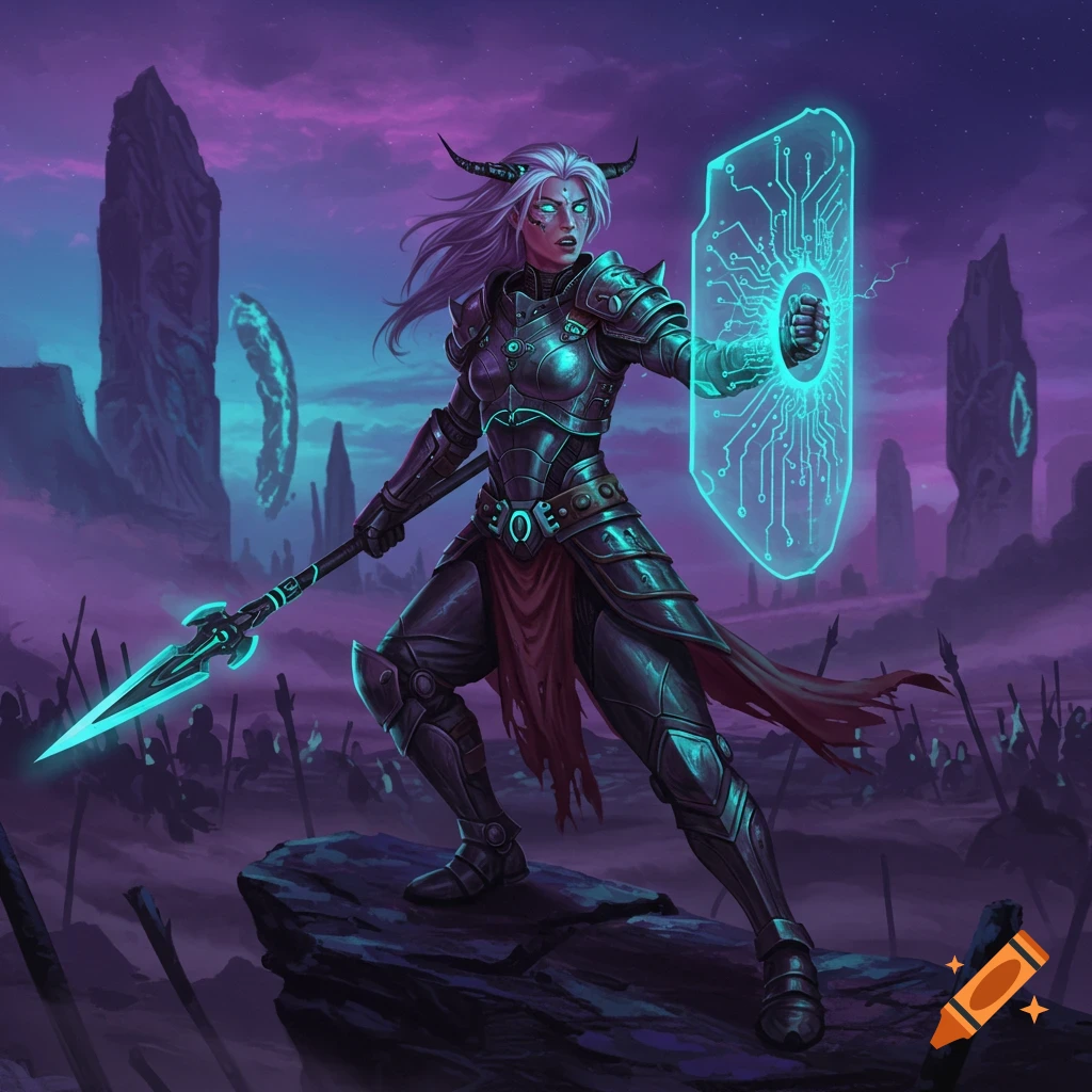 A female science fantasy warrior in glowing tech armor stands on a rock, holding a glowing spear and circuit-board shield in a purple alien landscape.