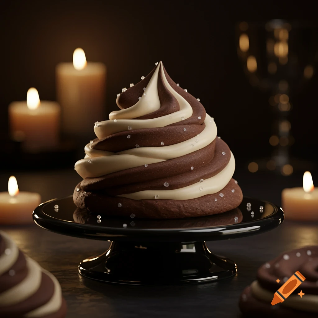 A photorealistic image of a spiraled chocolate and vanilla cookie with sugar sprinkles on a black pedestal, surrounded by glowing candles in a dark setting.