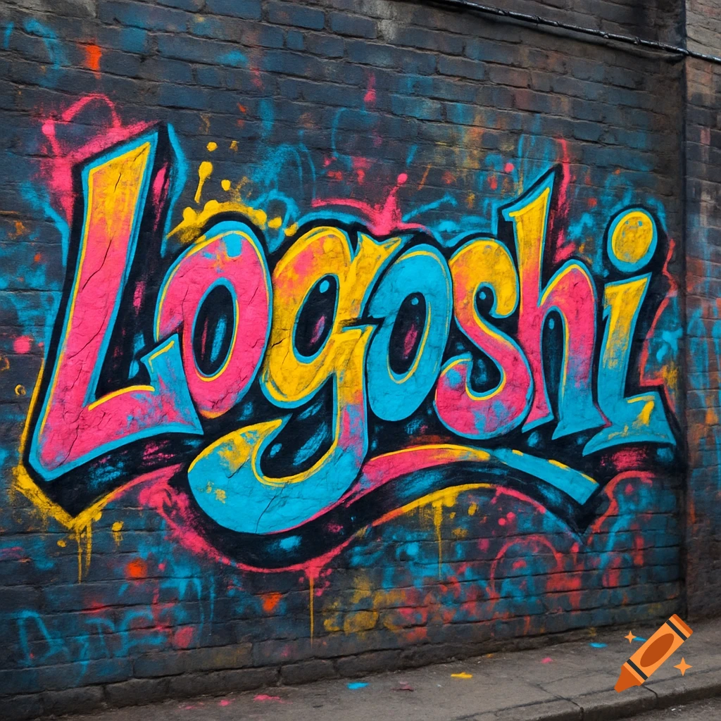 Vibrant graffiti art spelling 'Logoshi' in pink, yellow, and blue on a dark brick wall with paint splatters.
