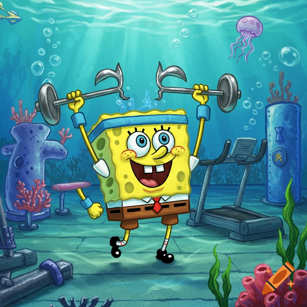 Spongebob Squarepants lifts a barbell with anchor weights in an underwater gym, surrounded by coral and bubbles.