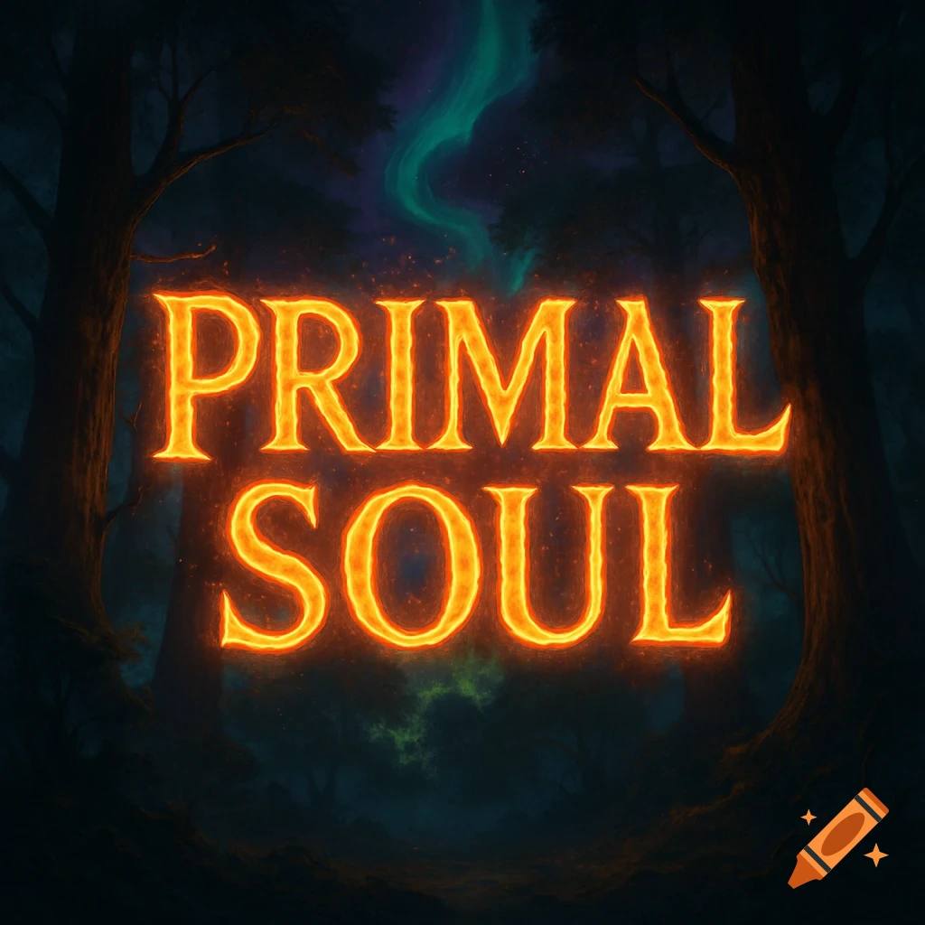 Glowing orange text 'PRIMAL SOUL' against a dark, mystical forest with a green aurora.