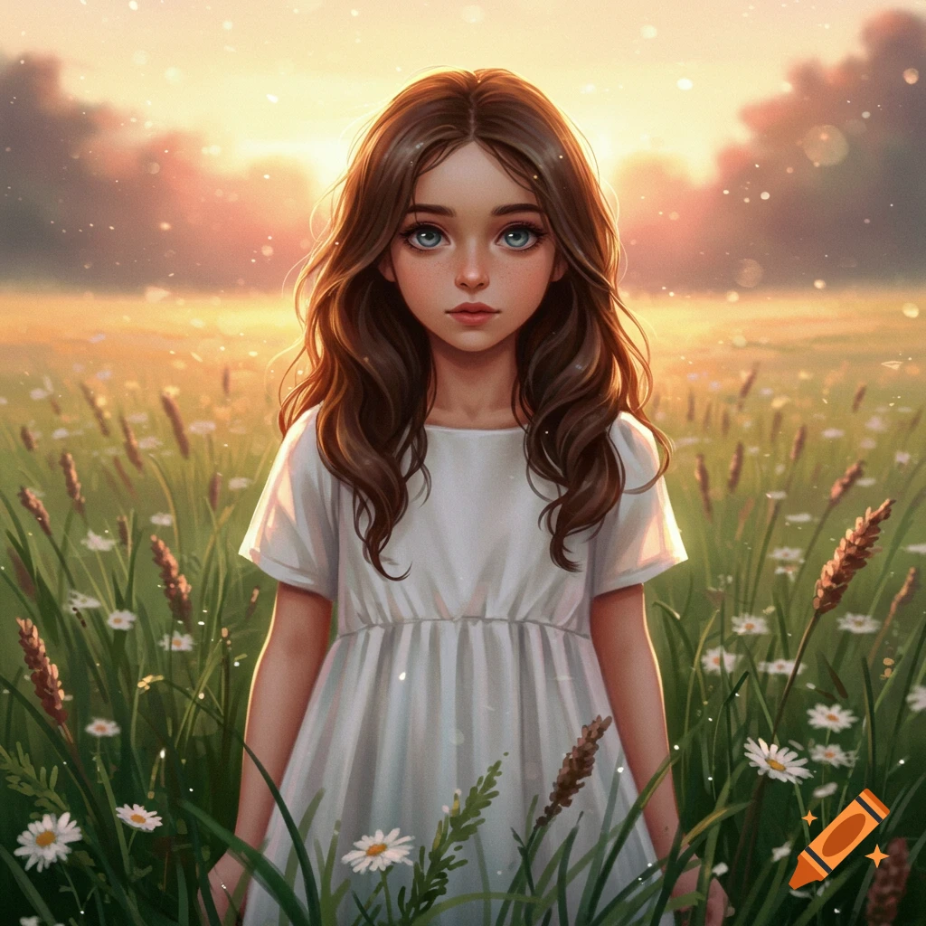 An illustrated young girl with brown hair and blue eyes in a white dress stands in a sunlit field of wildflowers.