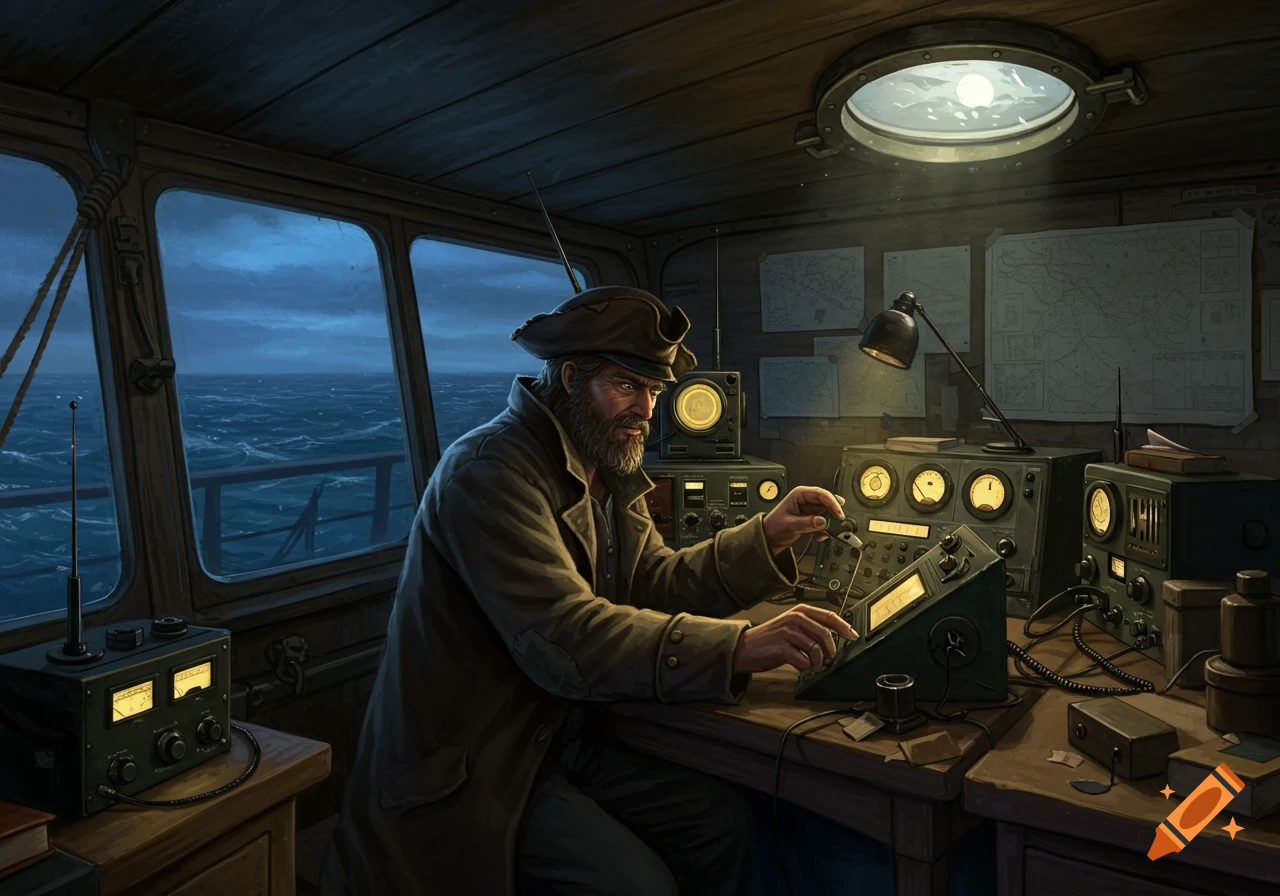 An old man with a beard and a tricorn hat operates vintage radio equipment inside a boat cabin, with the ocean visible outside at dusk.