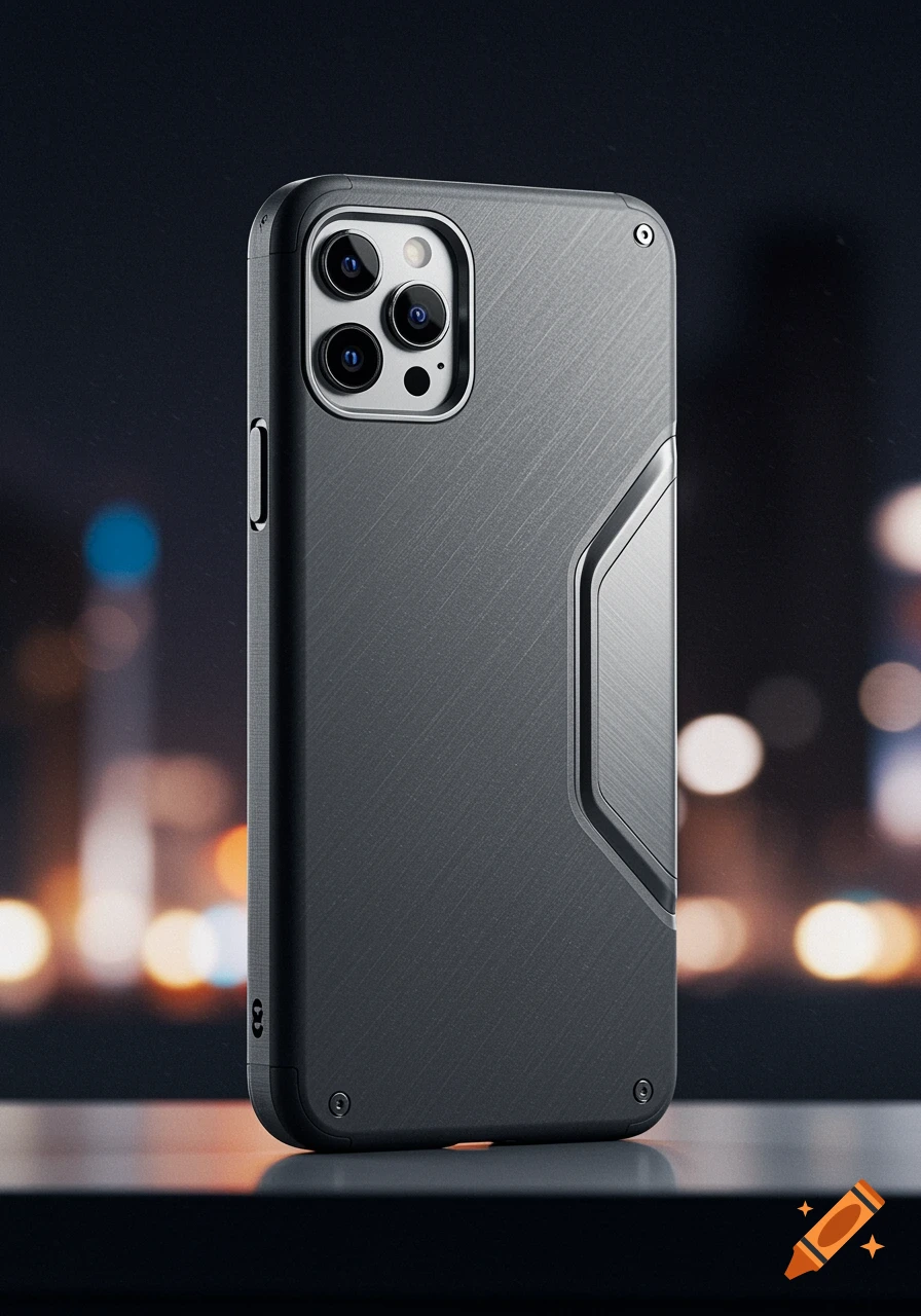 A dark grey textured smartphone case with metallic accents and camera cutout against a blurred city lights background.