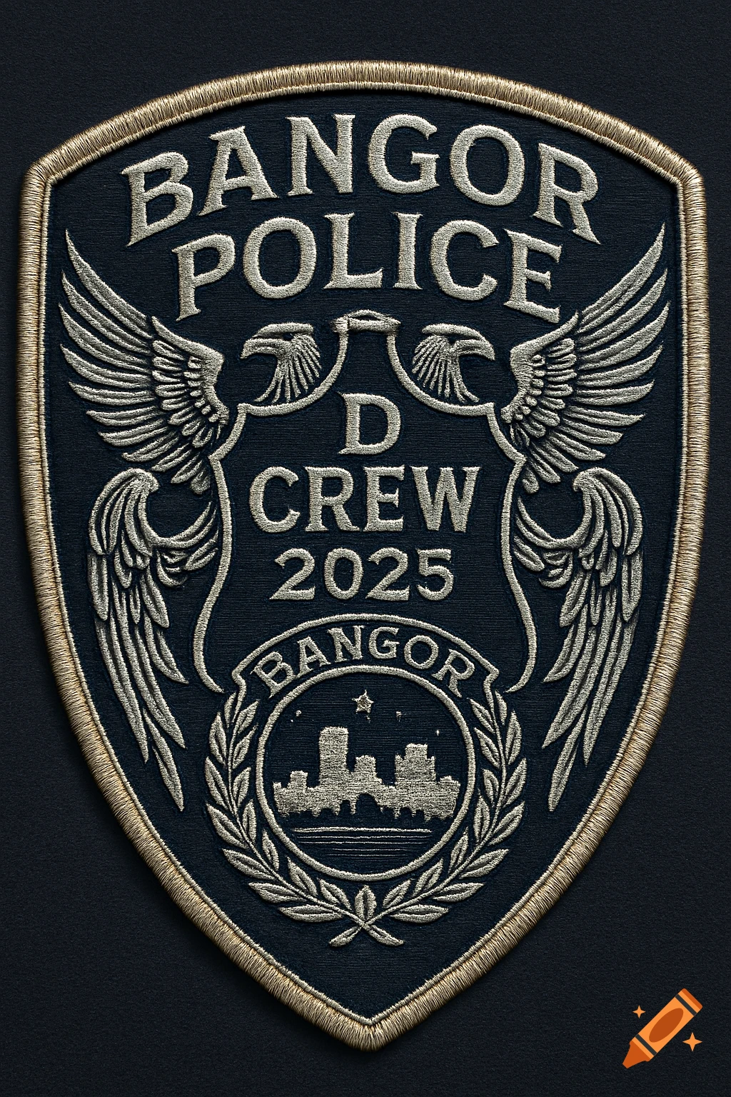 Embroidered police patch with 'Bangor Police D Crew 2025' text, eagle wings, and a city skyline emblem.