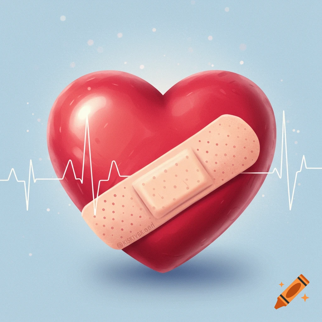 An illustration of a red heart with a beige band-aid wrapped around it, and a white ECG line tracing across a light blue background.