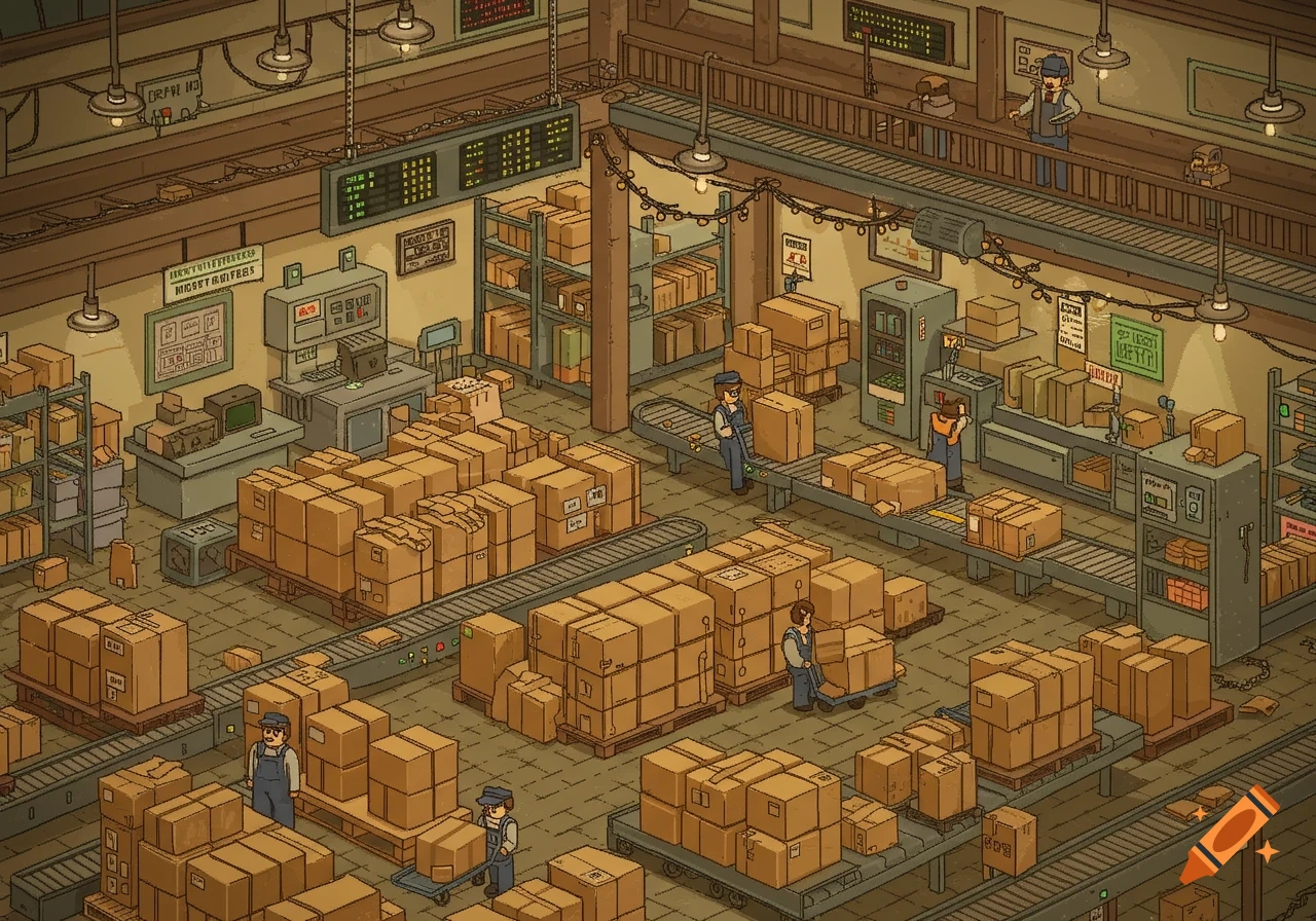 An isometric pixel art view of a busy package delivery warehouse with workers, conveyor belts, and stacks of cardboard boxes.