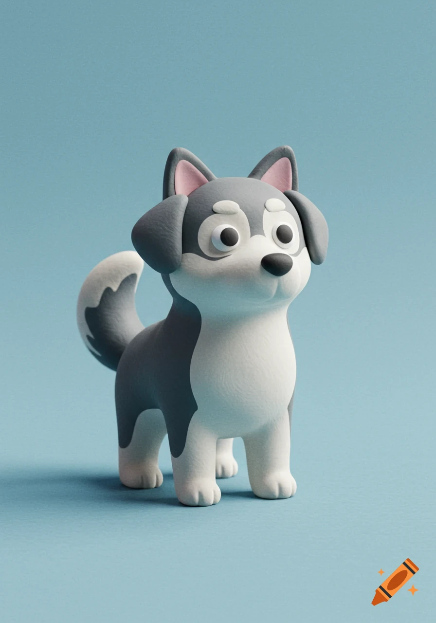 A cute grey and white husky/lab mix claymation figure stands on a light blue background.