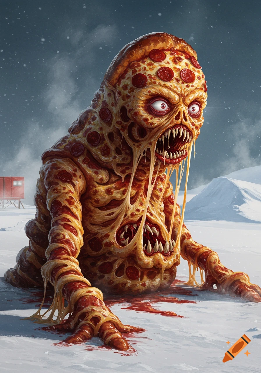 A grotesque pizza monster with dripping cheese and pepperoni for skin stands in a snowy, desolate landscape, with a small red building in the background.