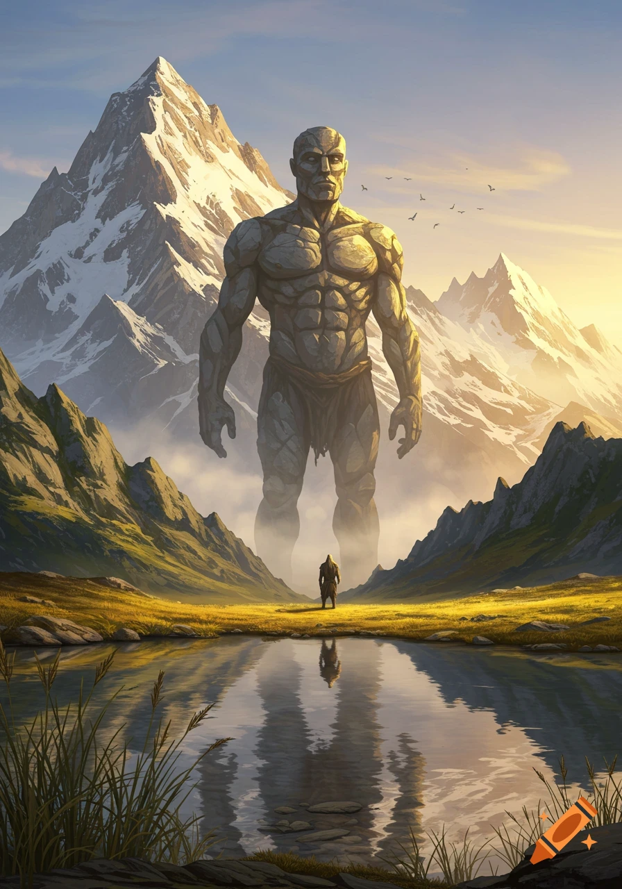 A colossal stone giant stands in a valley before snow-capped mountains, looking down at a small human figure across a reflective lake. Epic fantasy art.
