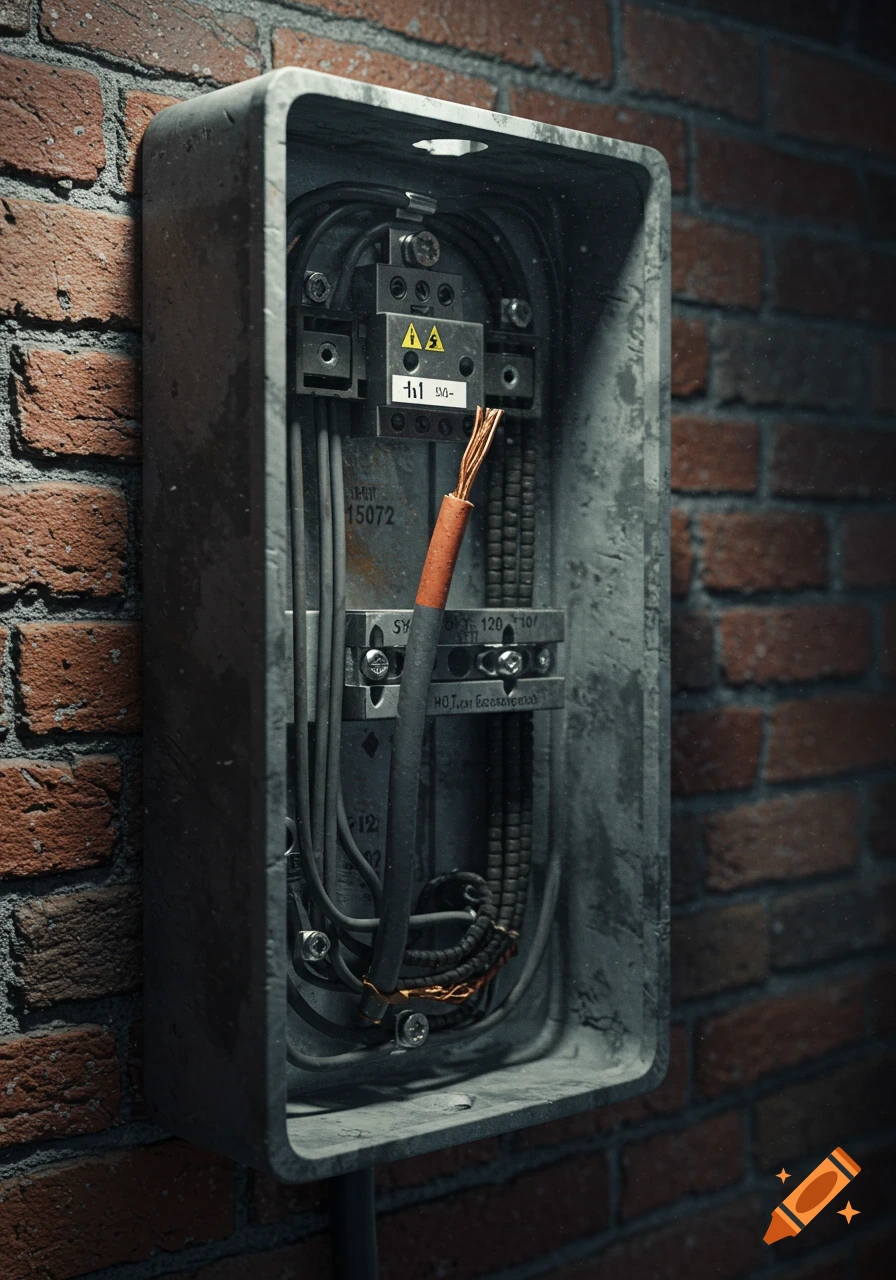 A photorealistic close-up of an open electrical box on a brick wall, revealing wires, a worn hot wire, and circuit components.